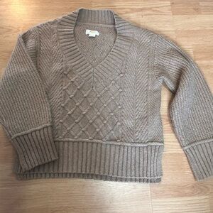 Maeve camel Tillie vneck sweater cable knit bobble Anthropologie xsmall